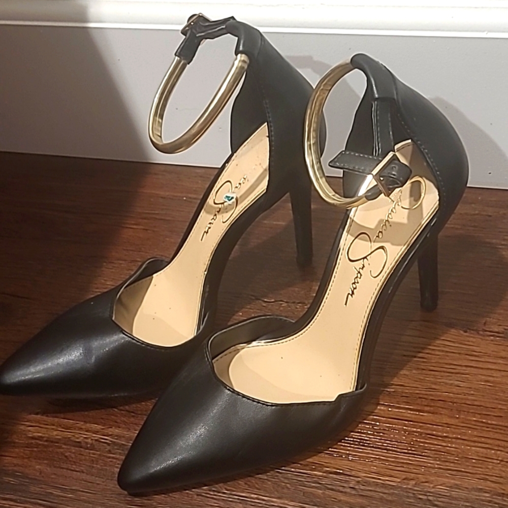 Jessica Simpson  Ankle Strap High Heel  Black & Gold
